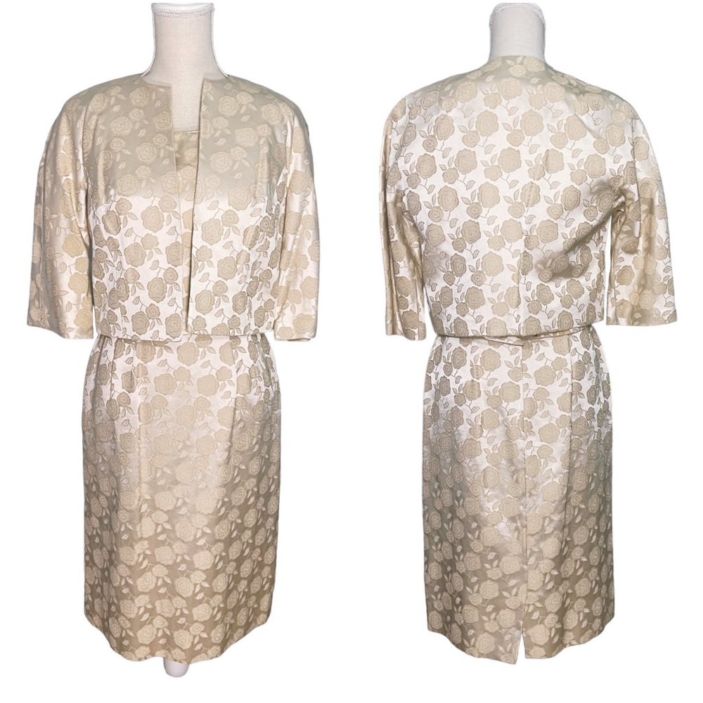 Vintage 60s Stella Braun dress skirt suit ivory floral silk brocade S wedding